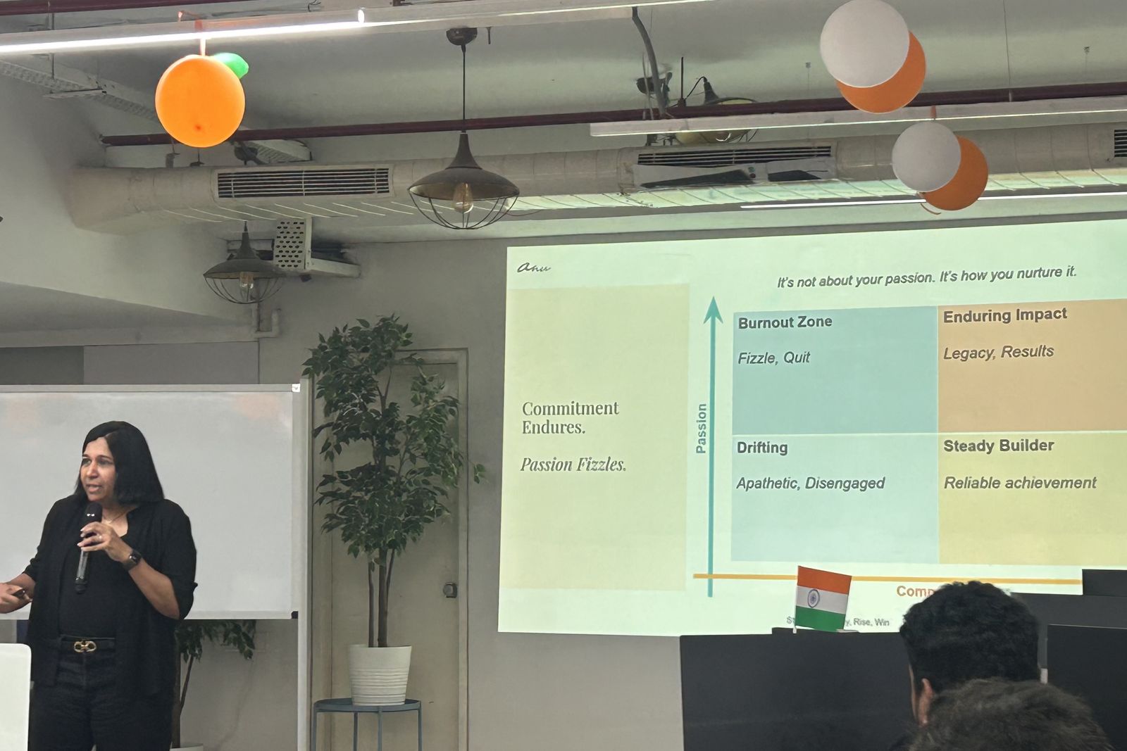 Anu Bulusu presenting a framework on commitment and passion at EnergyTech